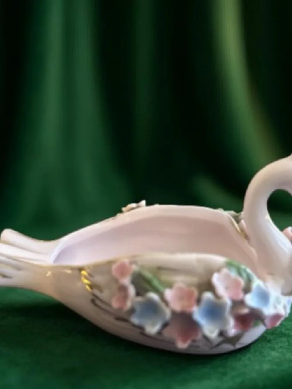 Japan Vintage Porcelain Swan Trinket Dish Planter Gold Trim 3D Pink Blue